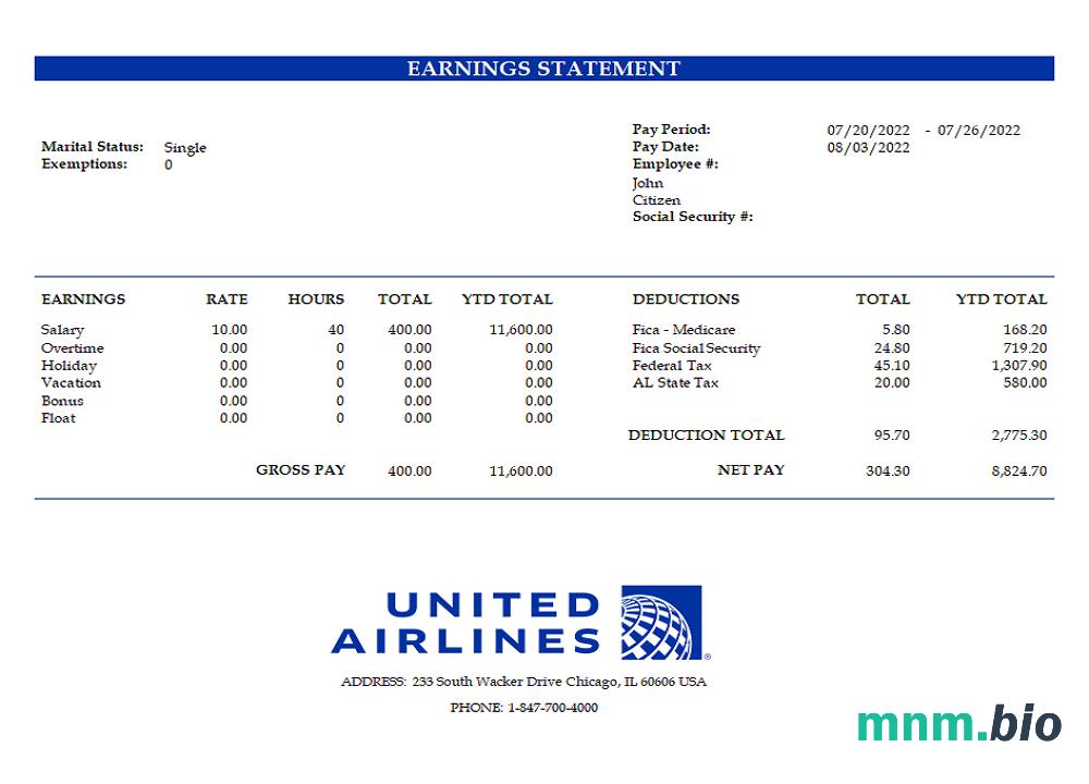 USA United Airlines Holdings airlines company pay stub